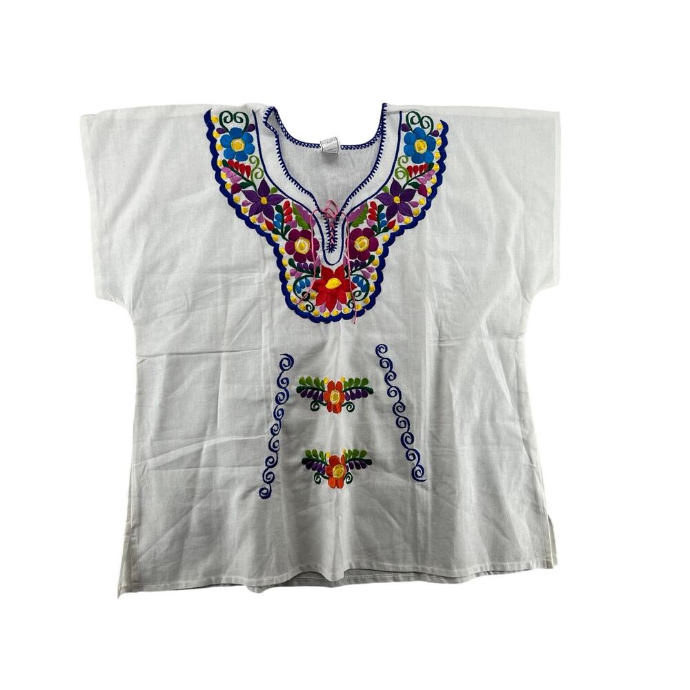 Artelati Mexican Embroidered Huipil Blouse XL White Floral Boho Cotton Top - Picture 2 of 6